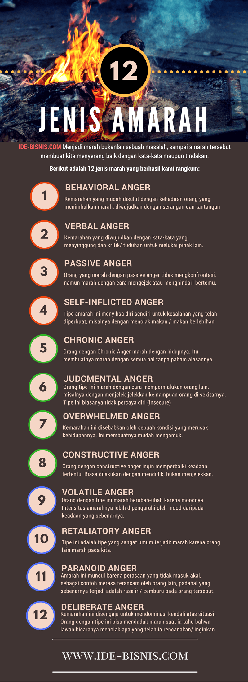 12 Jenis Kemarahan - Behavioral Anger, Verbal Anger, Passive Anger, Self-Inflicted Anger, Chronic Anger, Judgmental Anger, Overwhelmed Anger, Constructive Anger, Volatile Anger, Retaliatory Anger, Paranoid Anger, Deliberate Anger